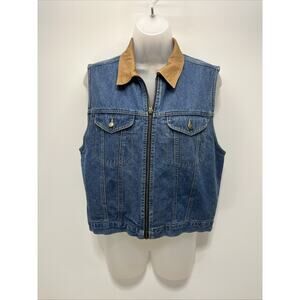 Vtg Crazy Horse Liz Claiborne Denim Vest Leather Collar Full Zip Sz M